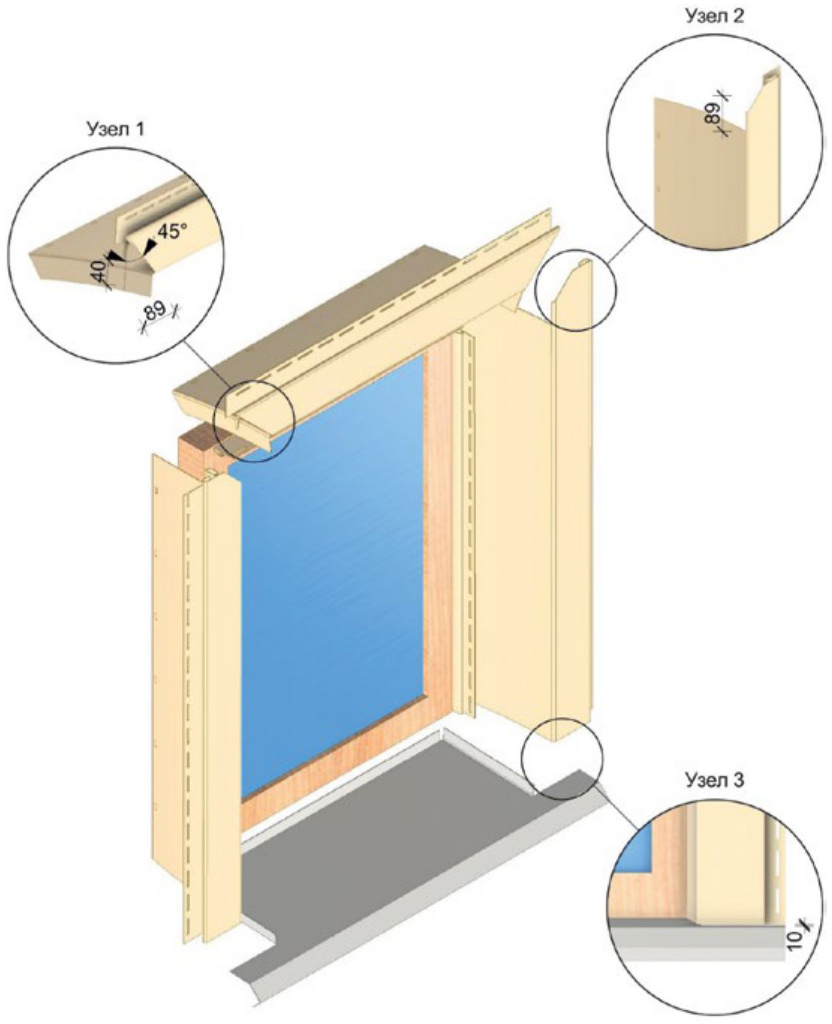Обрамление оконного проёма при помощи околооконного профиля 89мм / 30 мм при наличии металлического отлива.